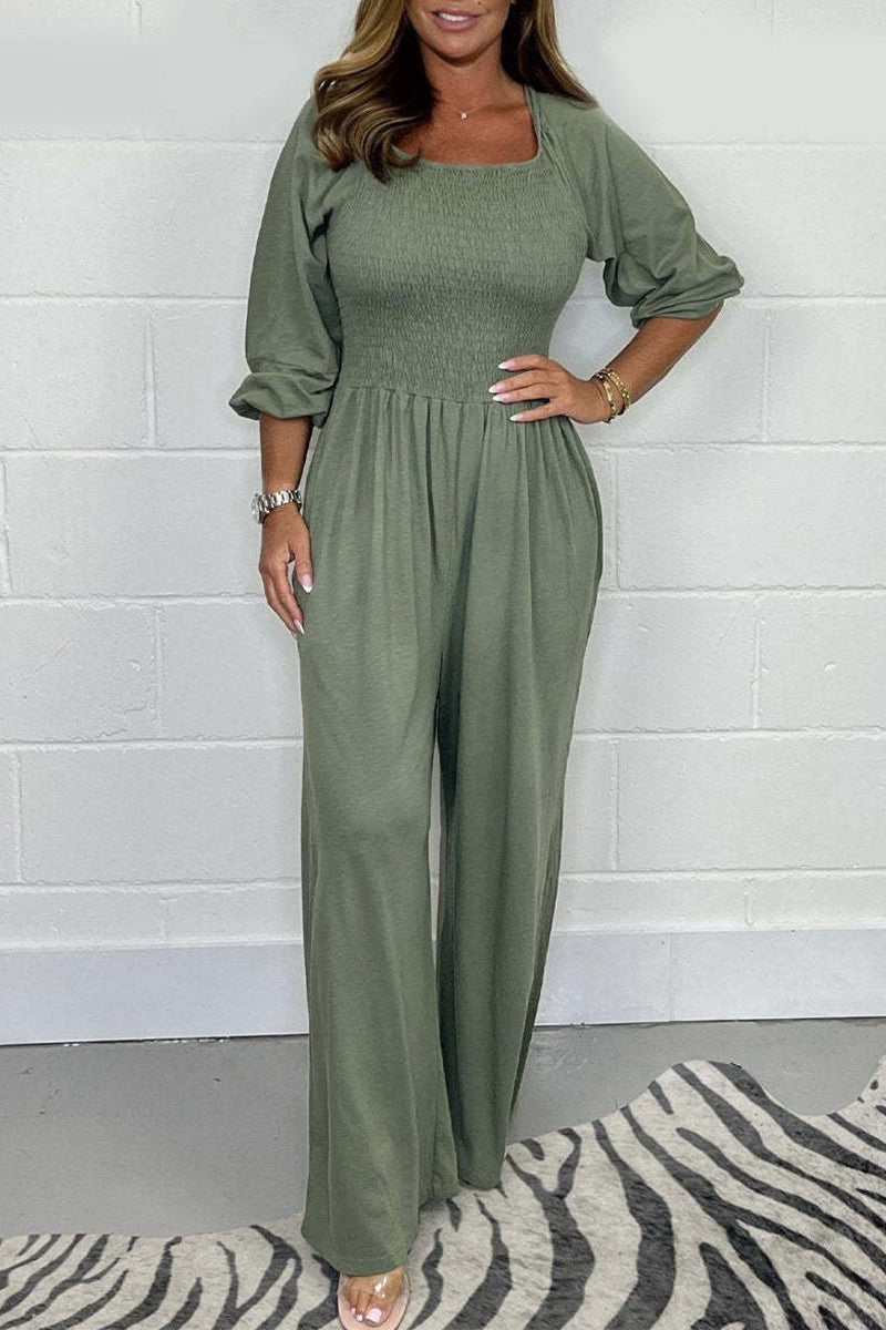 Lässige solide Falten Quadrat-Kragen lose Jumpsuits