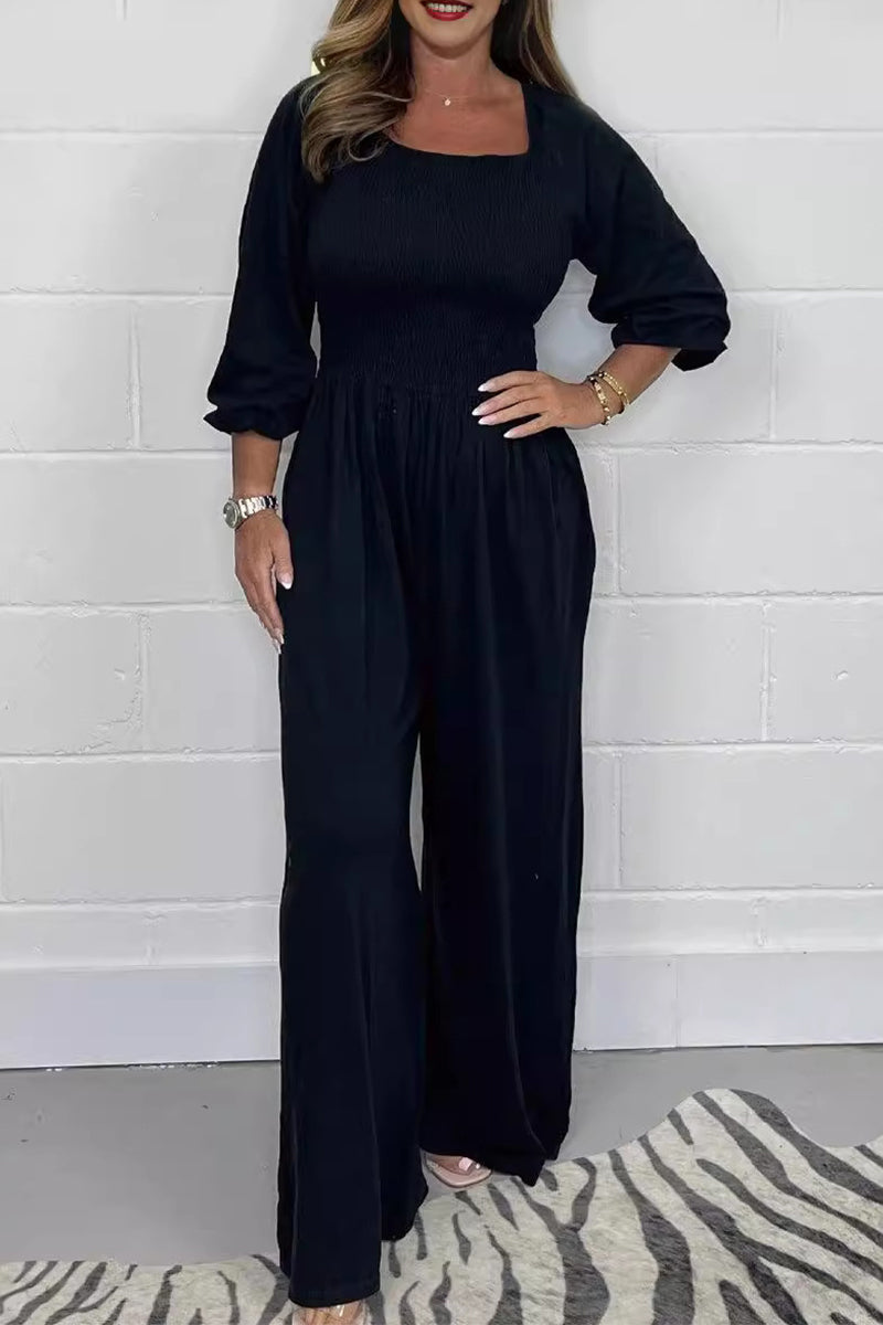 Lässige solide Falten Quadrat-Kragen lose Jumpsuits