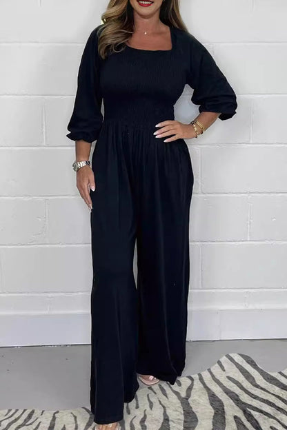 Lässige solide Falten Quadrat-Kragen lose Jumpsuits