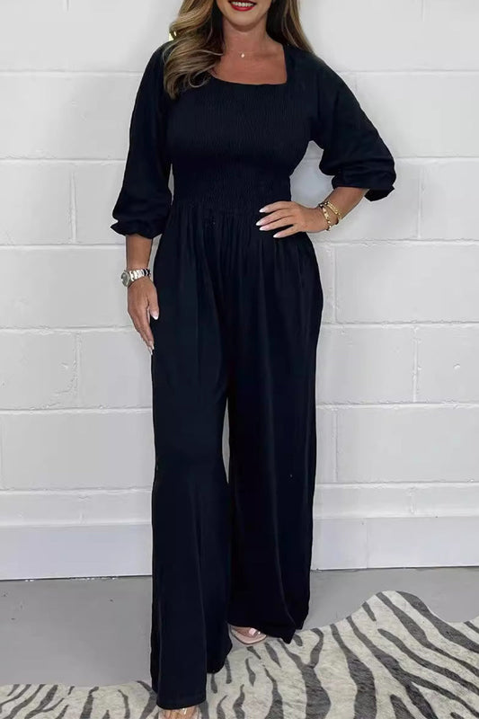 Lässige solide Falten Quadrat-Kragen lose Jumpsuits