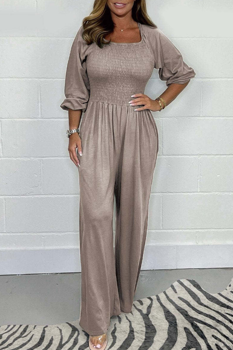 Lässige solide Falten Quadrat-Kragen lose Jumpsuits