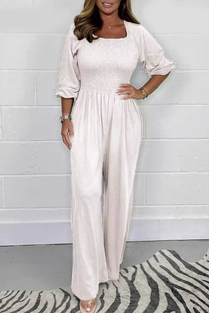 Lässige solide Falten Quadrat-Kragen lose Jumpsuits