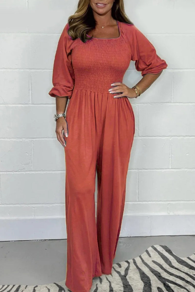 Lässige solide Falten Quadrat-Kragen lose Jumpsuits