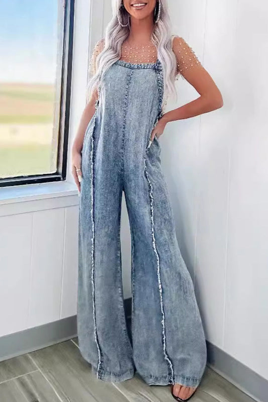Casual Street Solid Patchwork rückenfrei Quadrat-Kragen ärmellos lose Denim Jumpsuits