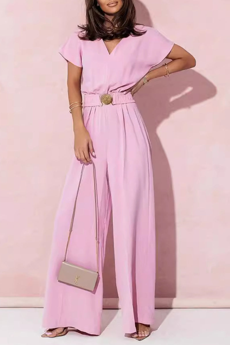 Lässige Jumpsuits mit V-Ausschnitt und massiven Metall-Accessoires (4 Farben)