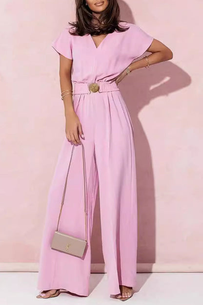 Lässige Jumpsuits mit V-Ausschnitt und massiven Metall-Accessoires (4 Farben)