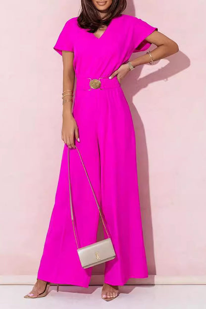 Lässige Jumpsuits mit V-Ausschnitt und massiven Metall-Accessoires (4 Farben)