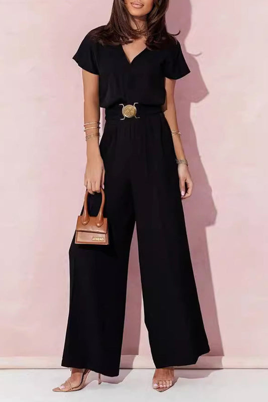 Lässige Jumpsuits mit V-Ausschnitt und massiven Metall-Accessoires (4 Farben)