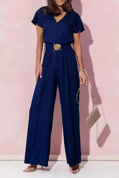 Lässige Jumpsuits mit V-Ausschnitt und massiven Metall-Accessoires (4 Farben)