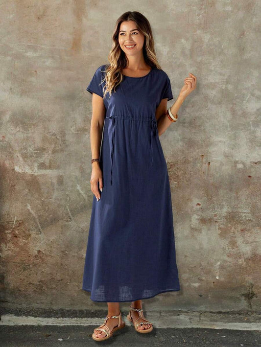 Maren - Maxikleid mit kurzen Ärmeln, Rundhalsausschnitt und verstellbarer Taille für Damen in Uni-Farben