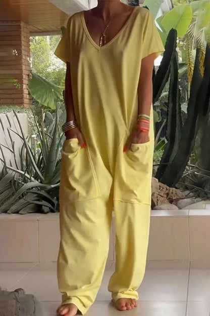 Casual everyday unifarbene, lockere Jumpsuits mit Taschen und Ausschnitt (8 Farben)