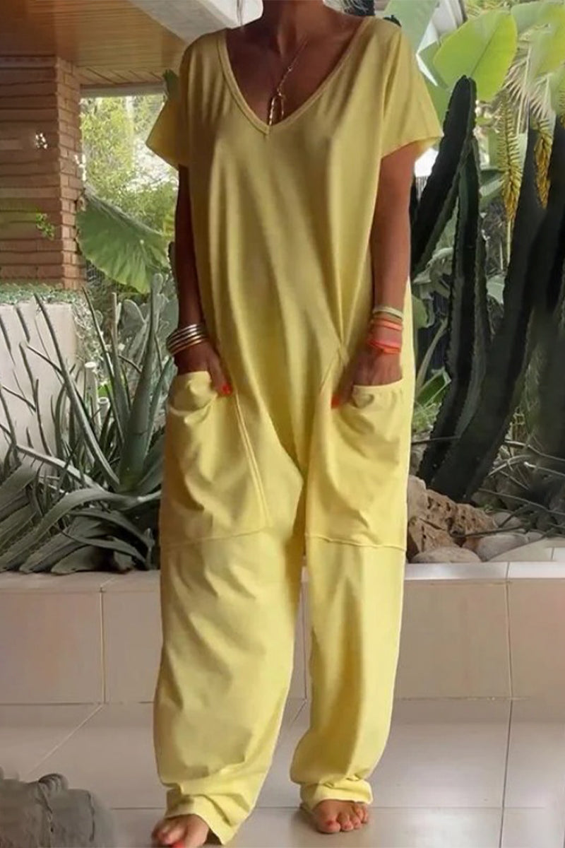 Lässige einfarbige locker sitzende Jumpsuits mit Taschen und V-Ausschnitt (8 Farben)