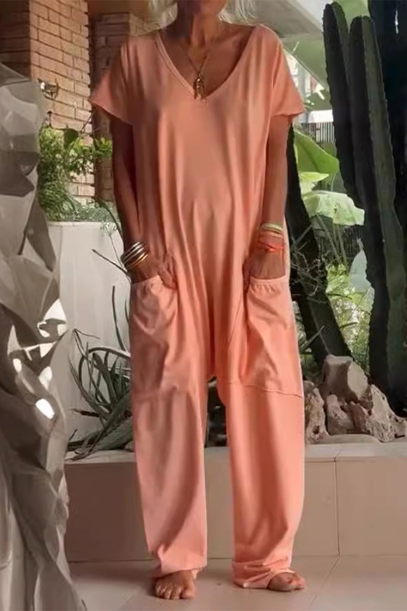 Lässige einfarbige locker sitzende Jumpsuits mit Taschen und V-Ausschnitt (8 Farben)