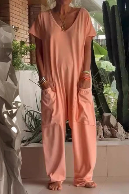 Lässige einfarbige locker sitzende Jumpsuits mit Taschen und V-Ausschnitt (8 Farben)