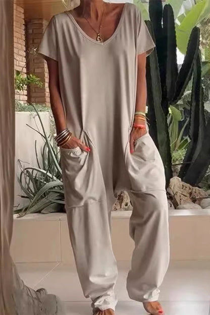 Casual everyday unifarbene, lockere Jumpsuits mit Taschen und Ausschnitt (8 Farben)