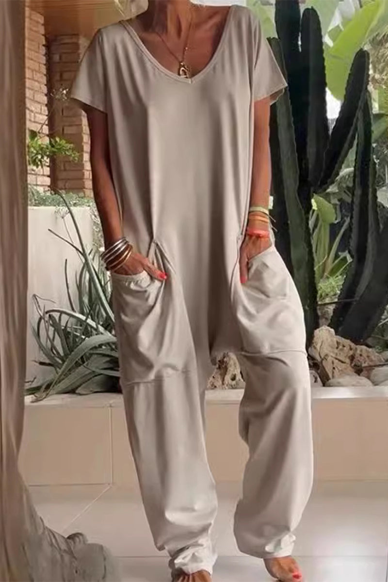 Lässige einfarbige locker sitzende Jumpsuits mit Taschen und V-Ausschnitt (8 Farben)