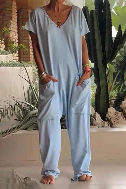 Lässige einfarbige locker sitzende Jumpsuits mit Taschen und V-Ausschnitt (8 Farben)