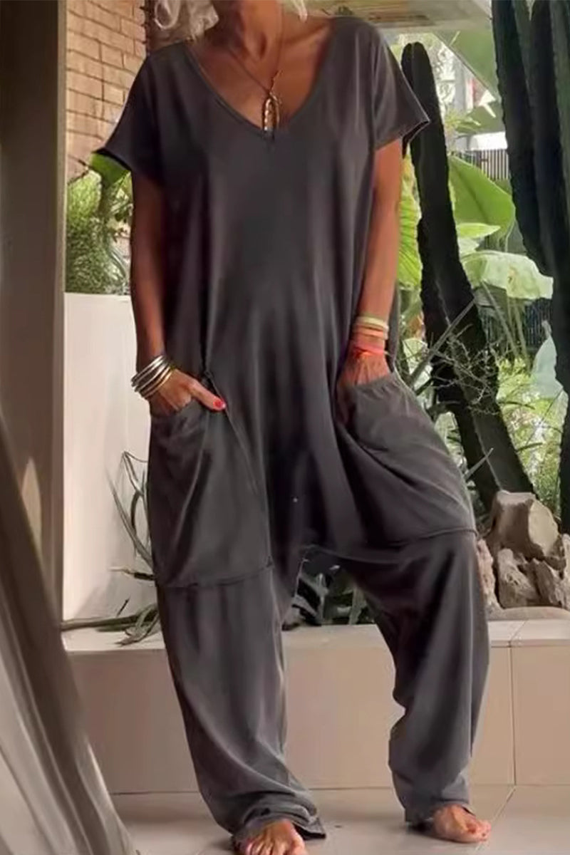 Casual everyday unifarbene, lockere Jumpsuits mit Taschen und Ausschnitt (8 Farben)