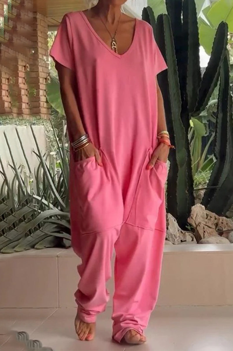 Lässige einfarbige locker sitzende Jumpsuits mit Taschen und V-Ausschnitt (8 Farben)