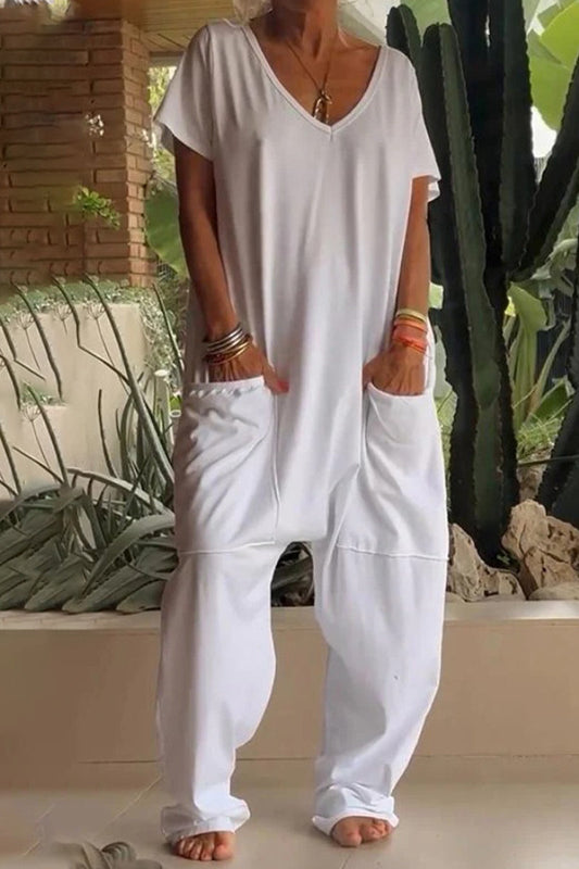 Lässige einfarbige locker sitzende Jumpsuits mit Taschen und V-Ausschnitt (8 Farben)