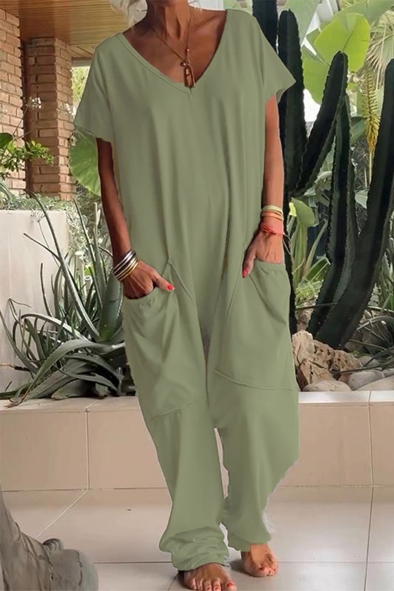 Lässige einfarbige locker sitzende Jumpsuits mit Taschen und V-Ausschnitt (8 Farben)