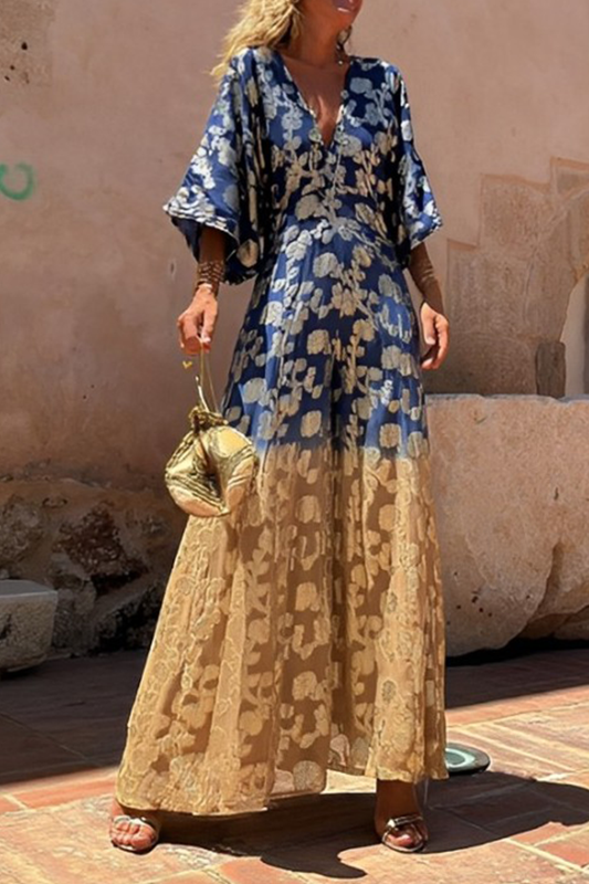 Casual Daily Gradient Print Bronzing Pattern V-Neck Loose Jumpsuits