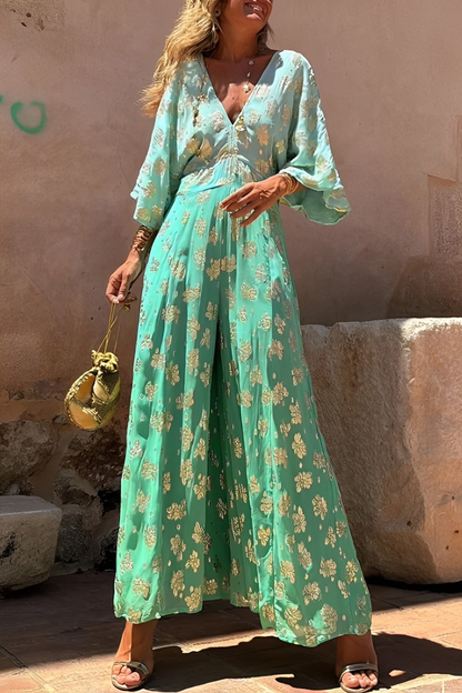 Casual Daily Gradient Print Bronzing Pattern V-Neck Loose Jumpsuits