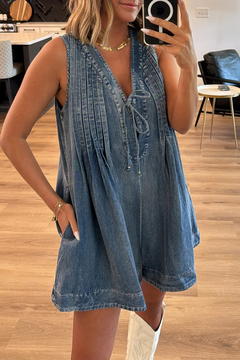 Casual Street Solide Farbe Tasche Lace Up V-Ausschnitt Ärmellos Locker Denim Jumpsuits