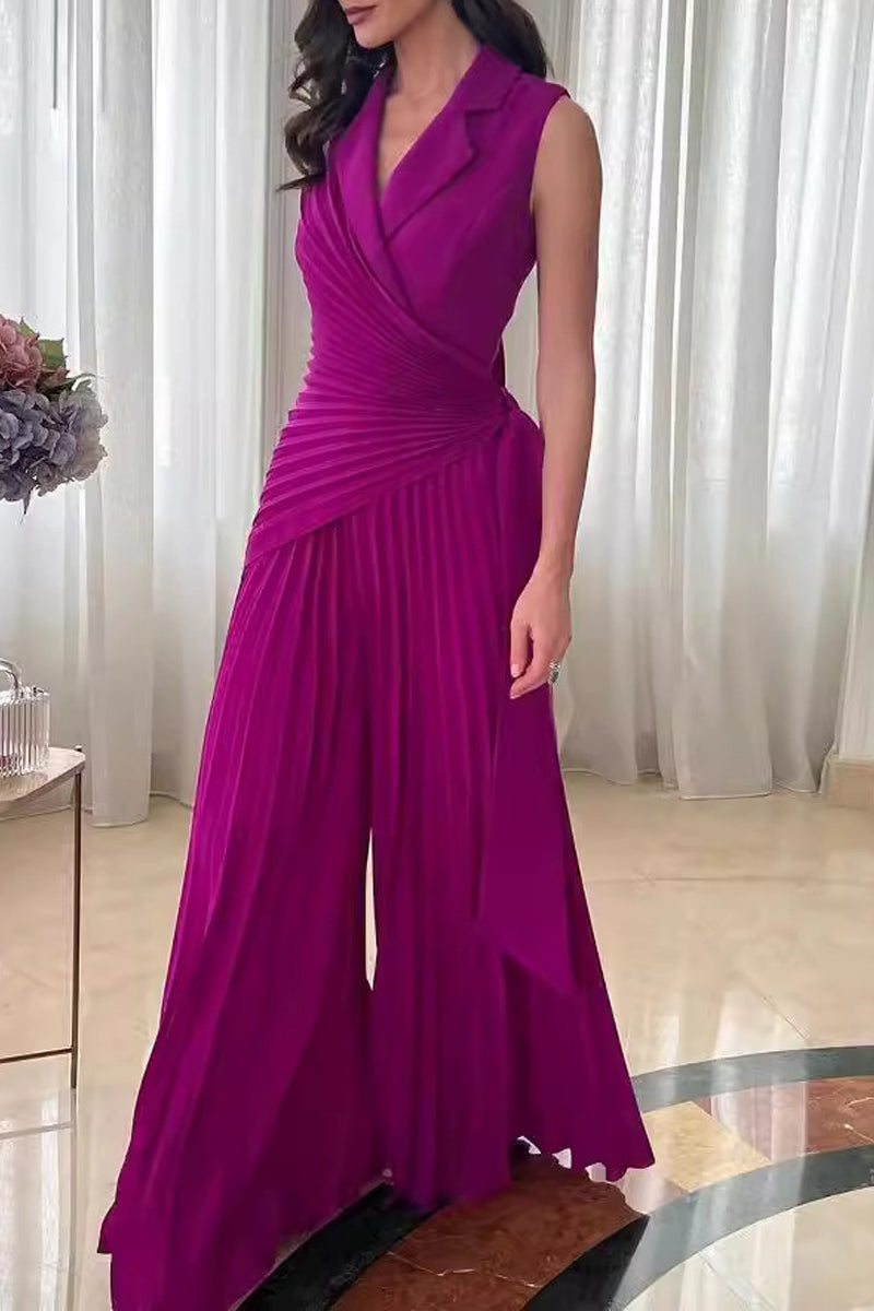 Lässige einfarbige Jumpsuits mit gefaltetem Kragen und Spitze