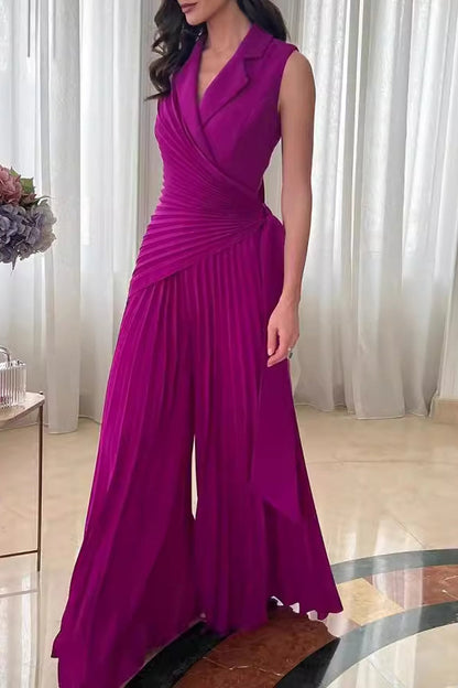 Lässige einfarbige Jumpsuits mit gefaltetem Kragen und Spitze