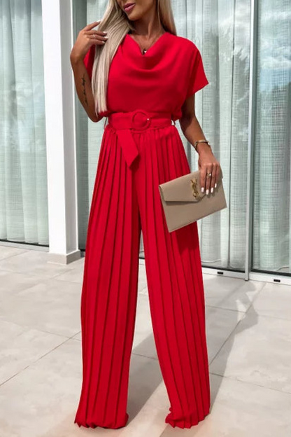 Casual einfarbige Jumpsuits mit Gürtel und gefaltetem Kragen mit Flor (3 Farben)