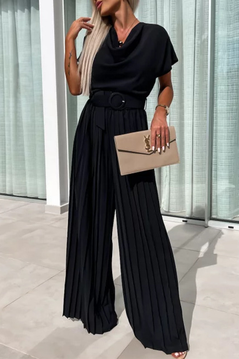 Casual einfarbige Jumpsuits mit Gürtel und gefaltetem Kragen mit Flor (3 Farben)