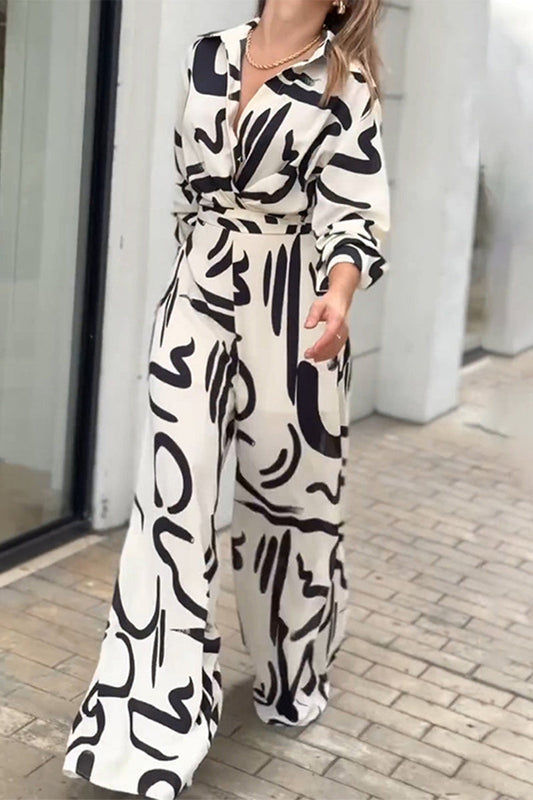 Casual Street Geometrischer Aufdruck Schnürung Umlegekragen Lose Jumpsuits
