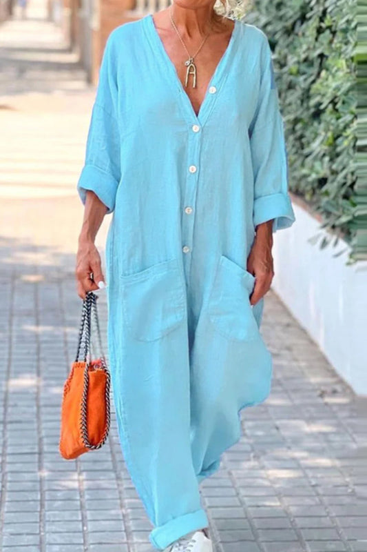 Lässige einfarbige Jumpsuits mit Taschenknöpfen und V-Ausschnitt (Regular)