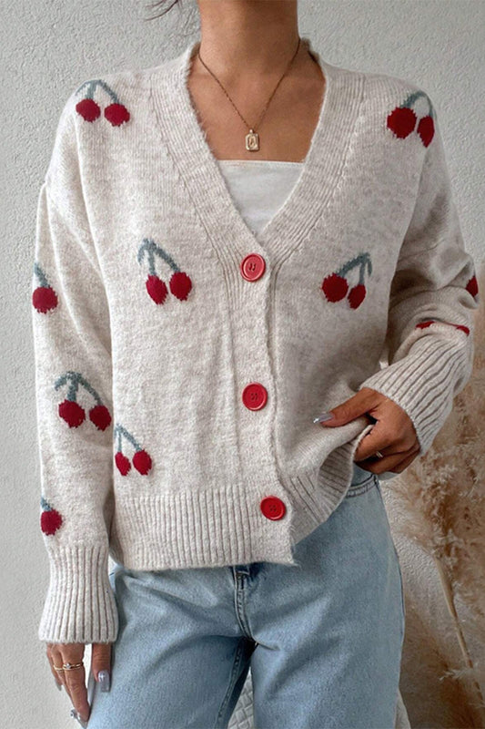 Lila - V-Ausschnitt Patchwork Strickjacke mit Obstknöpfen für Frauen