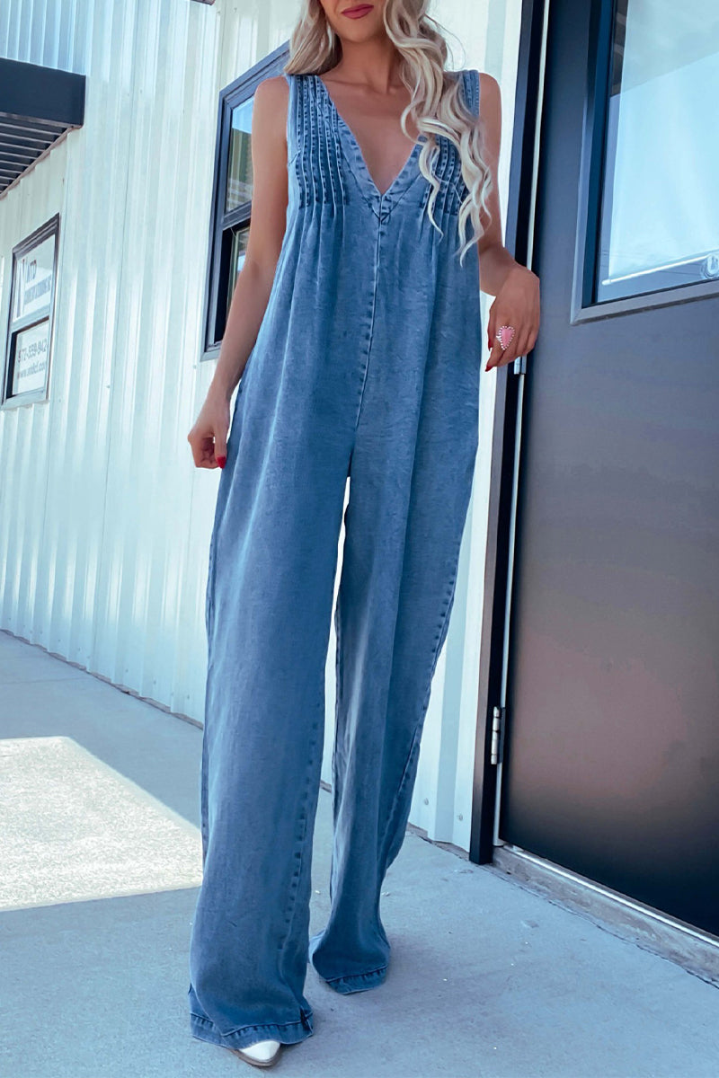 Casual Beschädigte Tasche Verstellbarer V-Ausschnitt Lose Jumpsuits