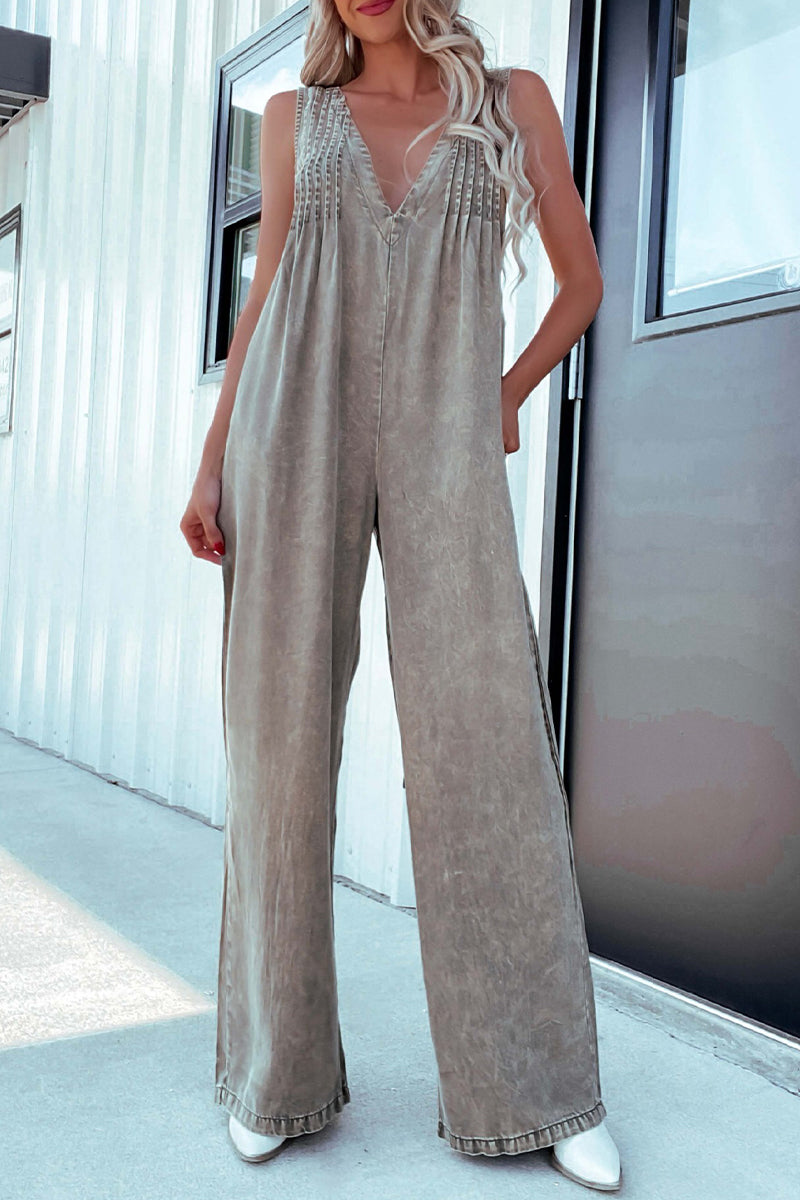 Casual Beschädigte Tasche Verstellbarer V-Ausschnitt Lose Jumpsuits