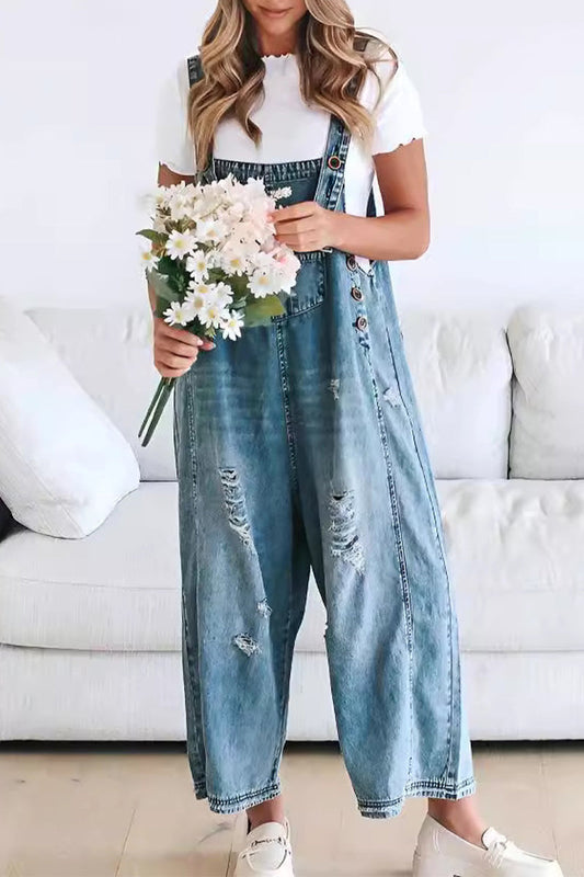 Casual Beschädigte Knöpfe Quadratischer Ausschnitt Ärmellose Lose Denim Jumpsuits