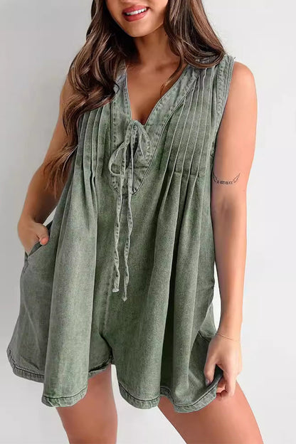 Casual Street Solide Farbe Tasche Lace Up V-Ausschnitt Ärmellos Locker Denim Jumpsuits