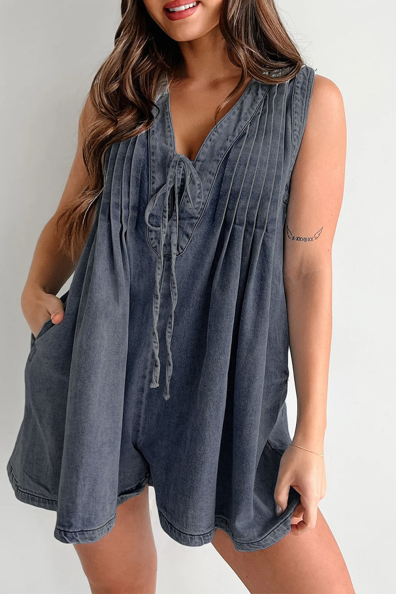 Casual Street Solide Farbe Tasche Lace Up V-Ausschnitt Ärmellos Locker Denim Jumpsuits