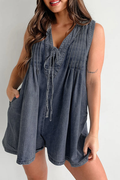 Casual Street Solide Farbe Tasche Lace Up V-Ausschnitt Ärmellos Locker Denim Jumpsuits