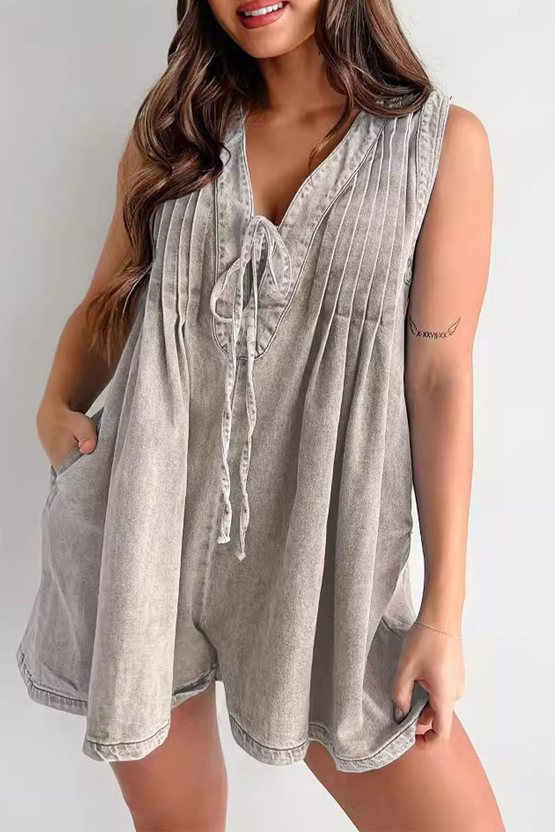 Casual Street Solide Farbe Tasche Lace Up V-Ausschnitt Ärmellos Locker Denim Jumpsuits