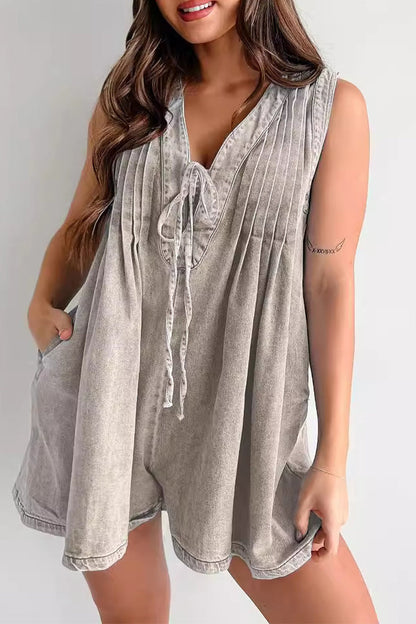 Casual Street Solide Farbe Tasche Lace Up V-Ausschnitt Ärmellos Locker Denim Jumpsuits
