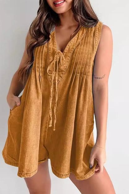 Casual Street Solide Farbe Tasche Lace Up V-Ausschnitt Ärmellos Locker Denim Jumpsuits