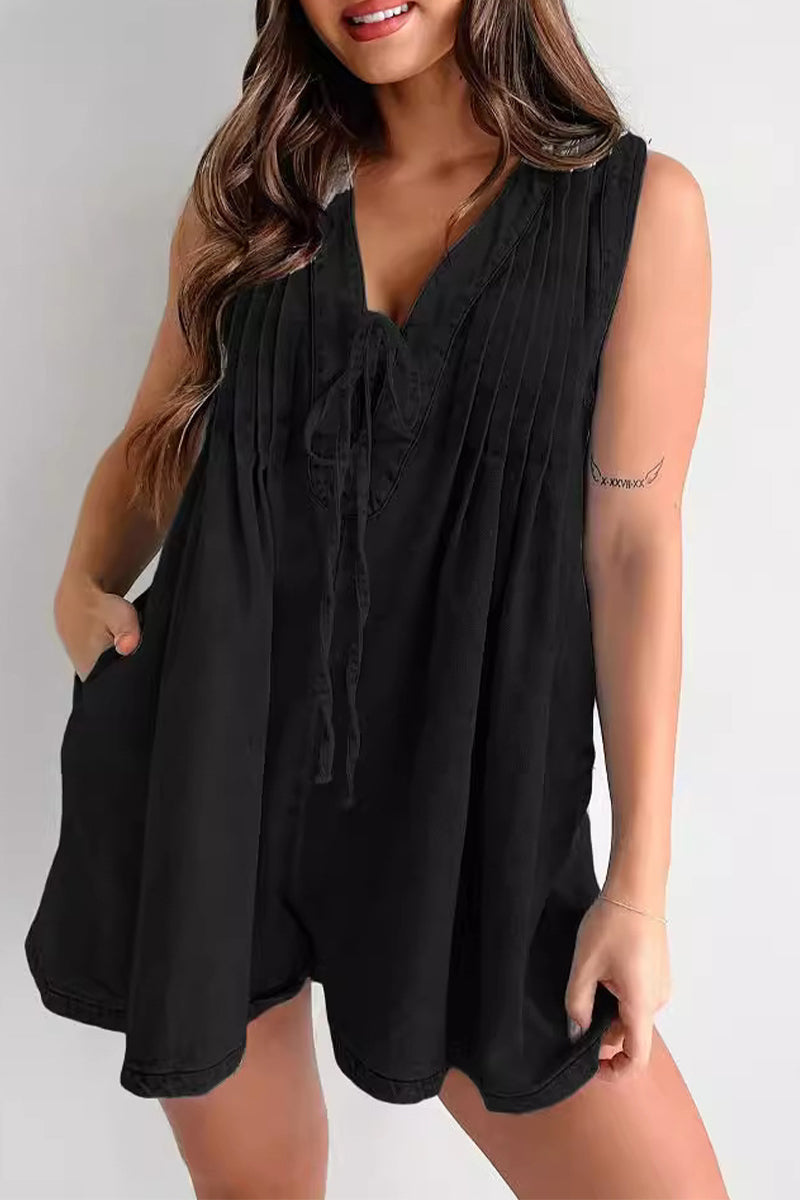 Casual Street Solide Farbe Tasche Lace Up V-Ausschnitt Ärmellos Locker Denim Jumpsuits
