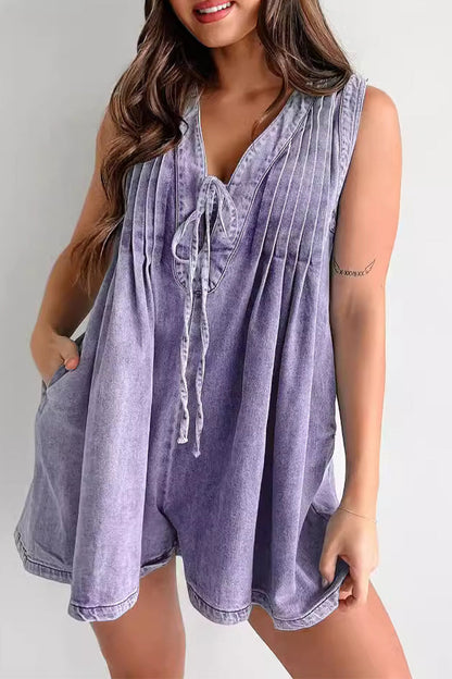 Casual Street Solide Farbe Tasche Lace Up V-Ausschnitt Ärmellos Locker Denim Jumpsuits