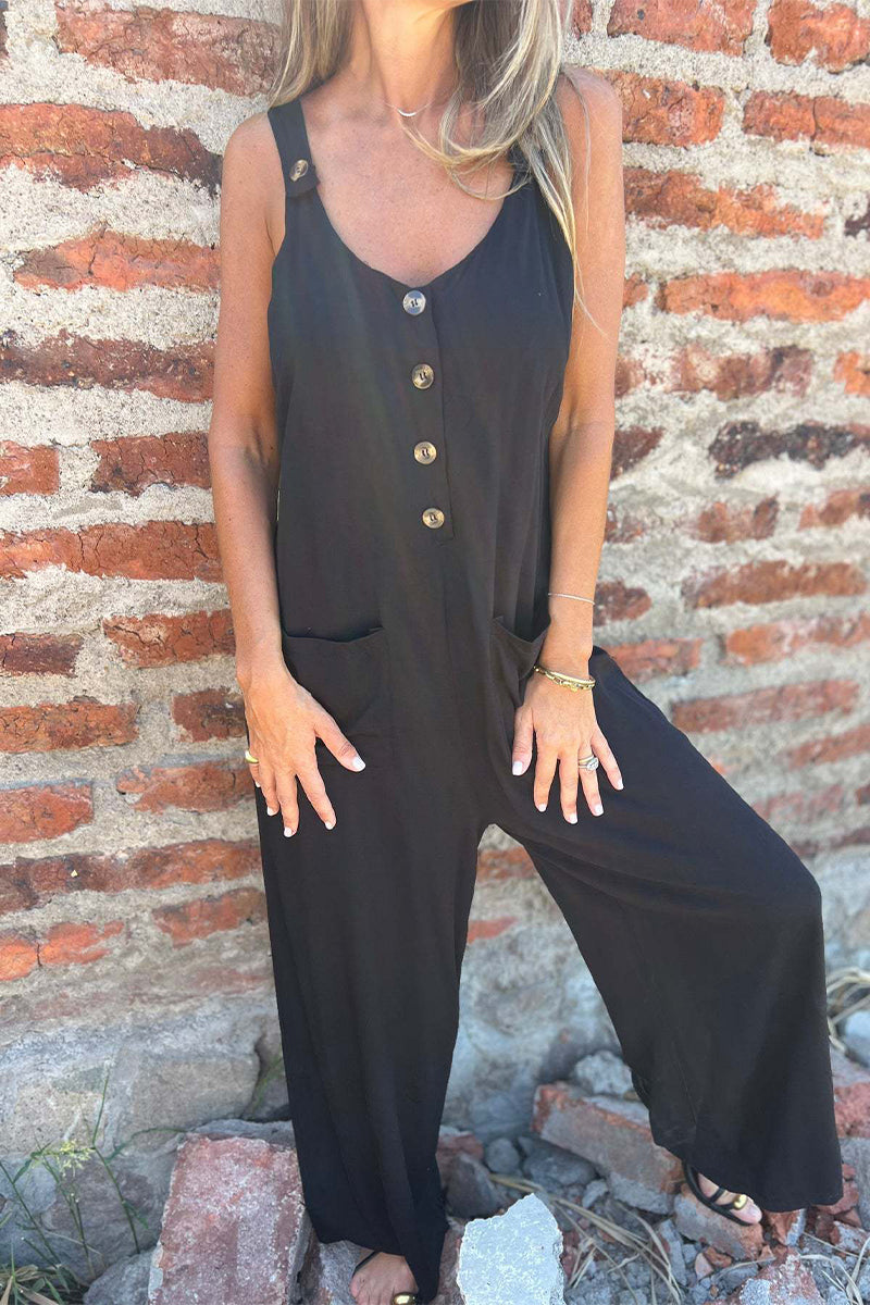 Casual Unifarbene Jumpsuits mit rückenfreien U-Ausschnitt-Taschen und Knöpfen
