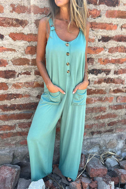 Casual Unifarbene Jumpsuits mit rückenfreien U-Ausschnitt-Taschen und Knöpfen