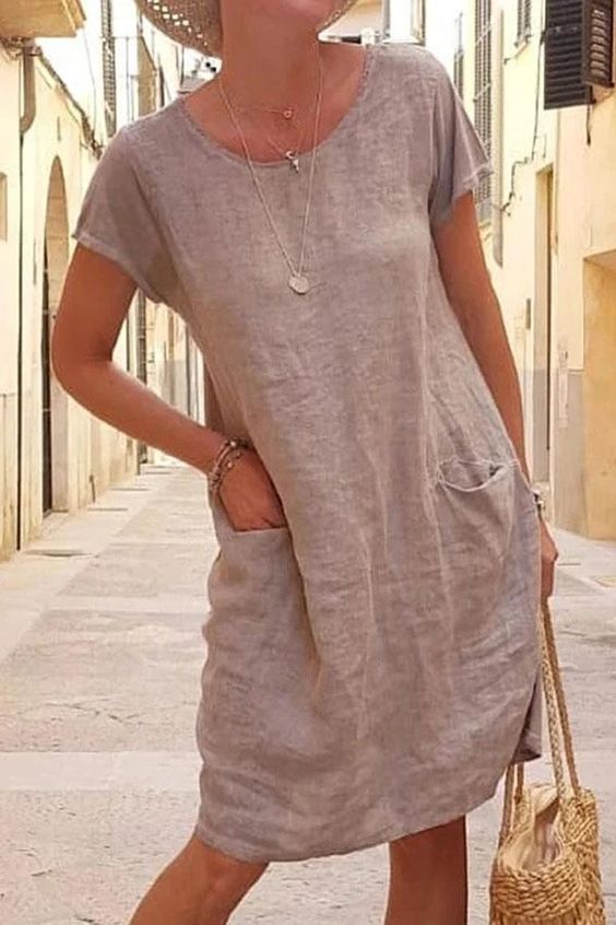 Sommer lockere, einfarbige Taschenärmel mit Rundhalsausschnitt aus Baumwolle Leinen-Shorts