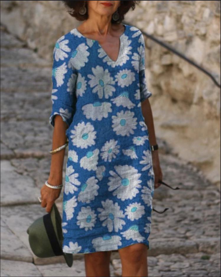 Dolores - Vintage Midikleid mit V-Ausschnitt und halben Ärmeln